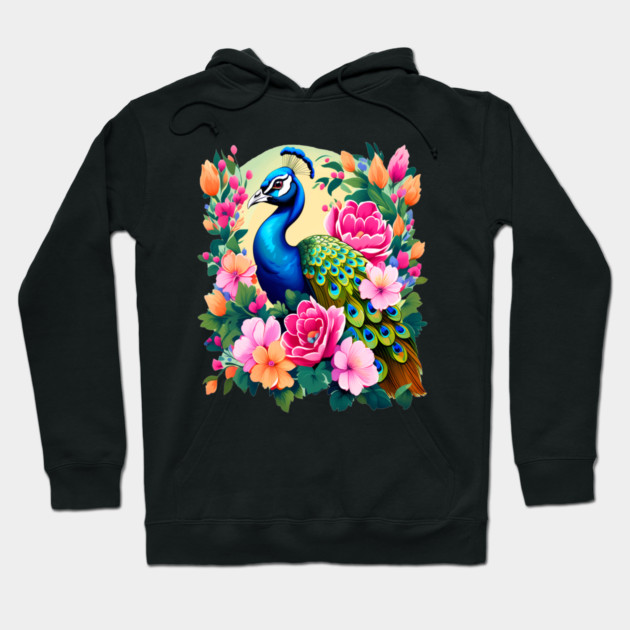 A Cute Peacock Surrounded by Bold Vibrant Spring Flowers Hoodie by BirdsnStuff