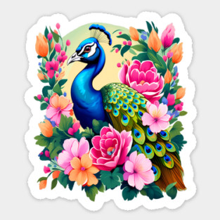 A Cute Peacock Surrounded by Bold Vibrant Spring Flowers Magnet