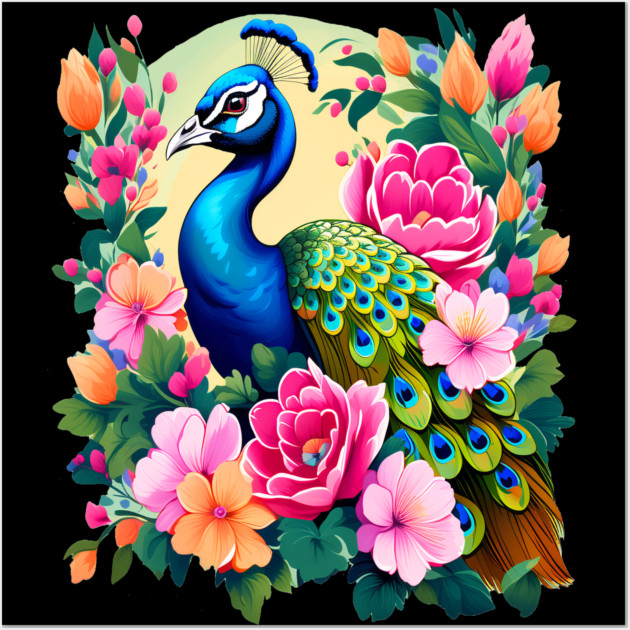 A Cute Peacock Surrounded by Bold Vibrant Spring Flowers Wall Art by BirdsnStuff