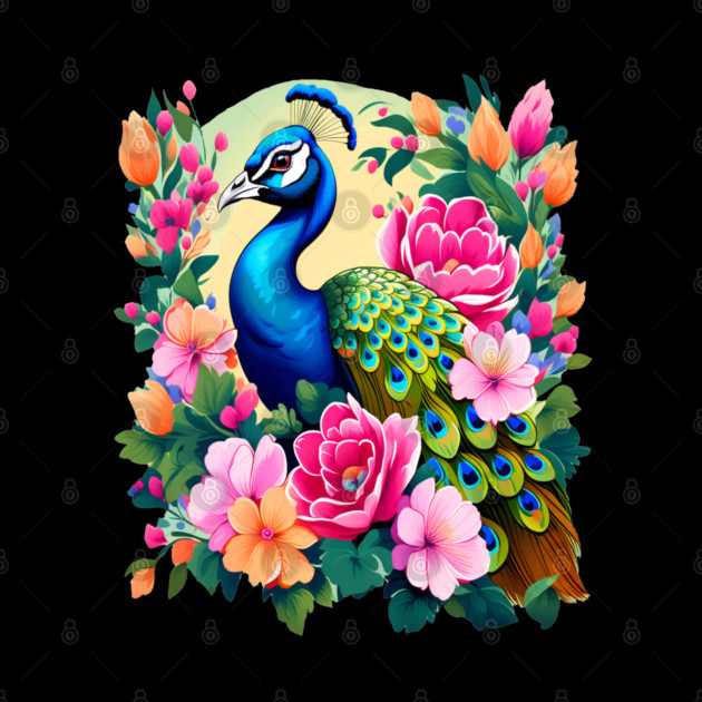 A Cute Peacock Surrounded by Bold Vibrant Spring Flowers by BirdsnStuff