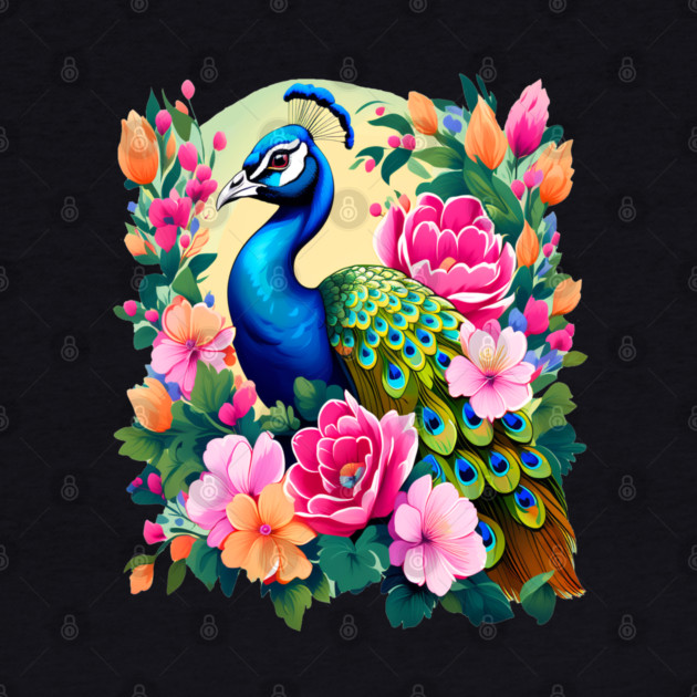 A Cute Peacock Surrounded by Bold Vibrant Spring Flowers by BirdsnStuff