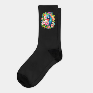 A Cute Peacock Surrounded by Bold Vibrant Spring Flowers Socks