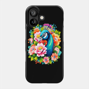 A Cute Peacock Surrounded by Bold Vibrant Spring Flowers Phone Case