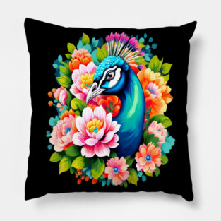 A Cute Peacock Surrounded by Bold Vibrant Spring Flowers Pillow