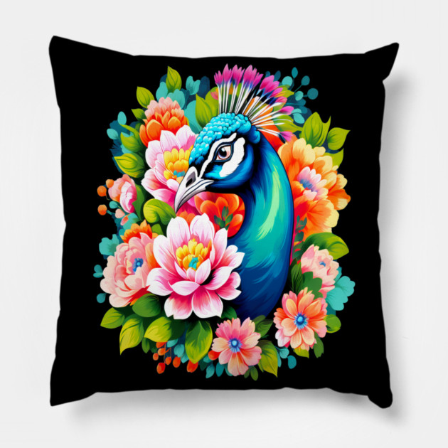 A Cute Peacock Surrounded by Bold Vibrant Spring Flowers Pillow by BirdsnStuff