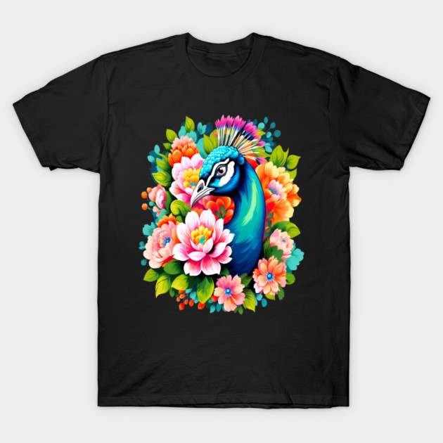 A Cute Peacock Surrounded by Bold Vibrant Spring Flowers T-Shirt by BirdsnStuff