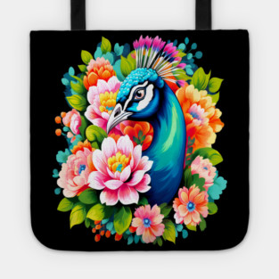 A Cute Peacock Surrounded by Bold Vibrant Spring Flowers Tote