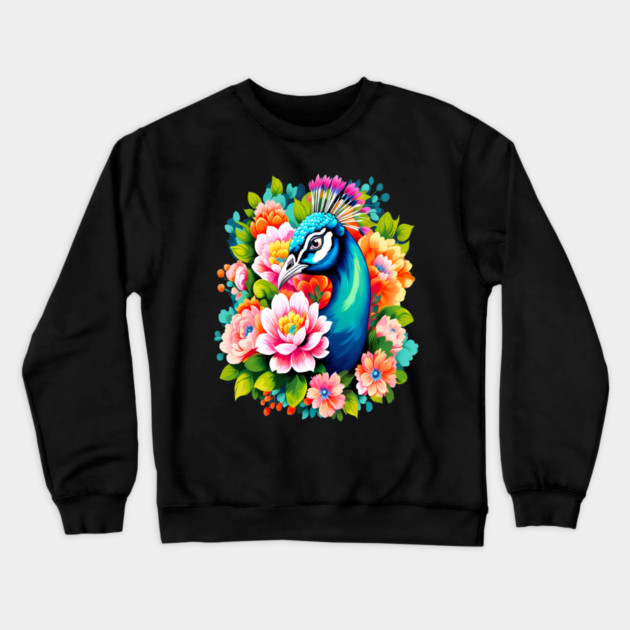 A Cute Peacock Surrounded by Bold Vibrant Spring Flowers Crewneck Sweatshirt by BirdsnStuff
