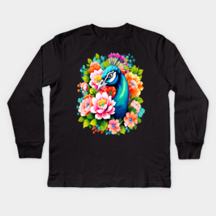 A Cute Peacock Surrounded by Bold Vibrant Spring Flowers Kids Long Sleeve T-Shirt