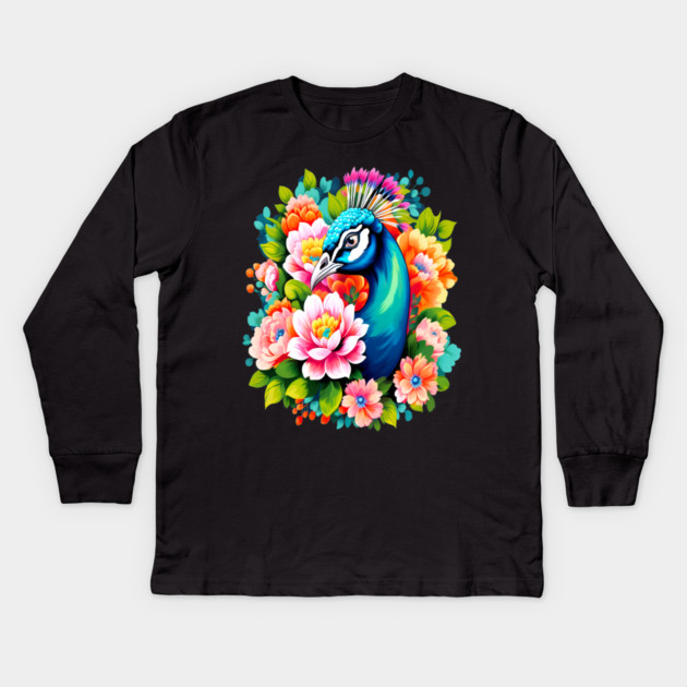 A Cute Peacock Surrounded by Bold Vibrant Spring Flowers Kids Long Sleeve T-Shirt by BirdsnStuff