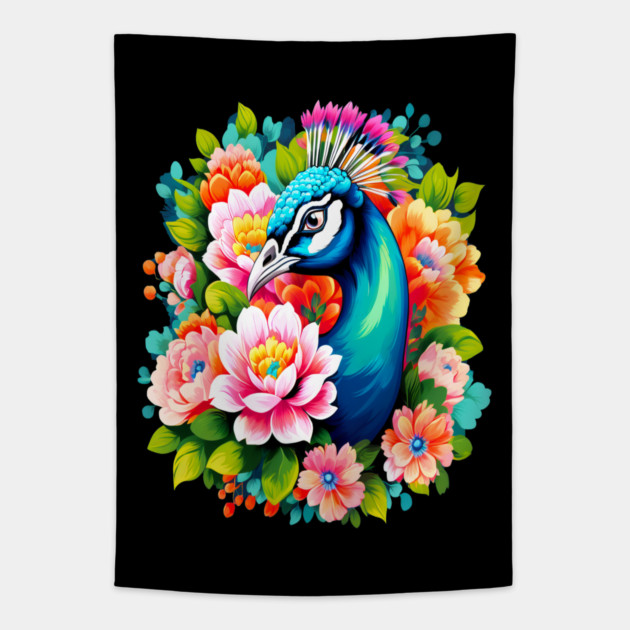 A Cute Peacock Surrounded by Bold Vibrant Spring Flowers Tapestry by BirdsnStuff