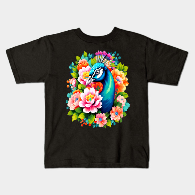 A Cute Peacock Surrounded by Bold Vibrant Spring Flowers Kids T-Shirt by BirdsnStuff