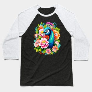 A Cute Peacock Surrounded by Bold Vibrant Spring Flowers Baseball T-Shirt