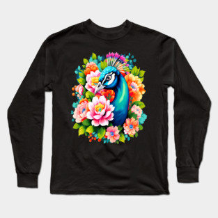 A Cute Peacock Surrounded by Bold Vibrant Spring Flowers Long Sleeve T-Shirt
