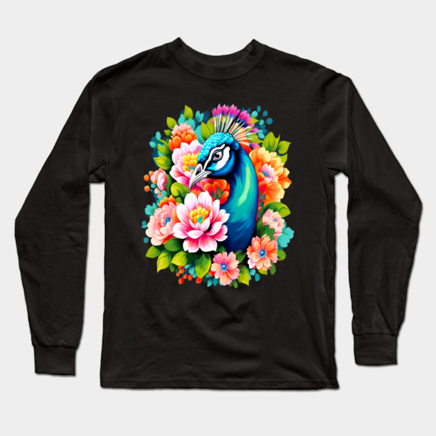 A Cute Peacock Surrounded by Bold Vibrant Spring Flowers Long Sleeve T-Shirt by BirdsnStuff