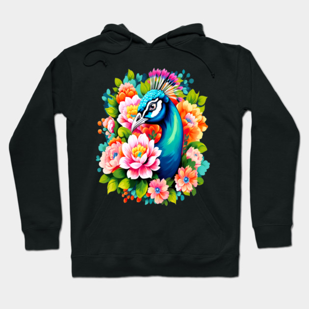 A Cute Peacock Surrounded by Bold Vibrant Spring Flowers Hoodie by BirdsnStuff