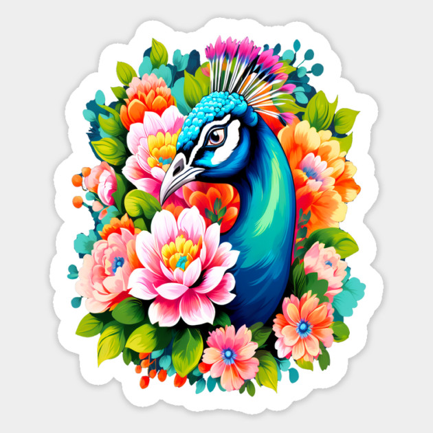 A Cute Peacock Surrounded by Bold Vibrant Spring Flowers Magnet by BirdsnStuff