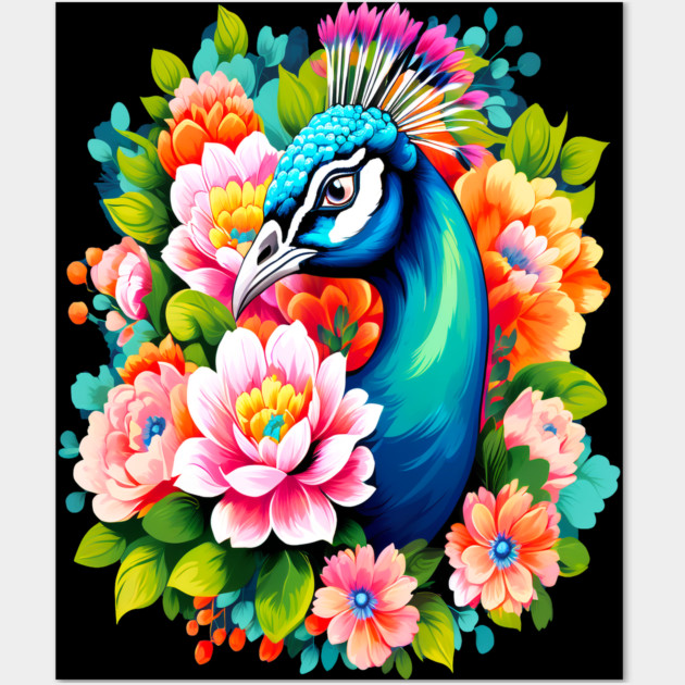 A Cute Peacock Surrounded by Bold Vibrant Spring Flowers Wall Art by BirdsnStuff
