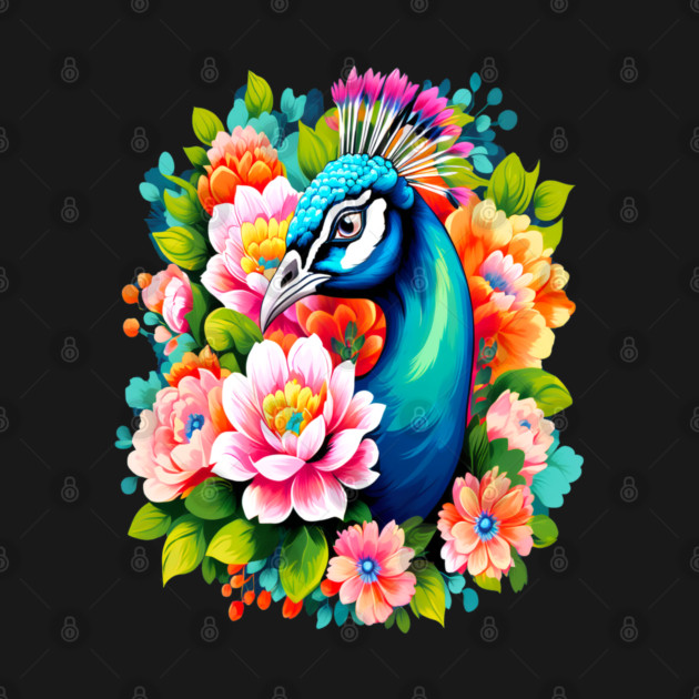 A Cute Peacock Surrounded by Bold Vibrant Spring Flowers by BirdsnStuff