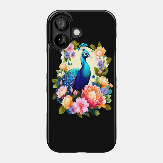 A Cute Peacock Surrounded by Bold Vibrant Spring Flowers Phone Case by BirdsnStuff