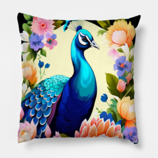 A Cute Peacock Surrounded by Bold Vibrant Spring Flowers Pillow