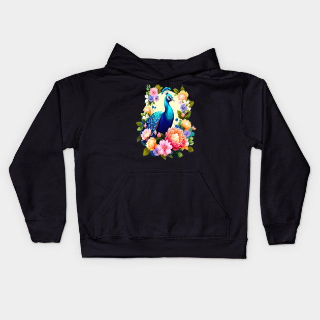 A Cute Peacock Surrounded by Bold Vibrant Spring Flowers Kids Hoodie by BirdsnStuff