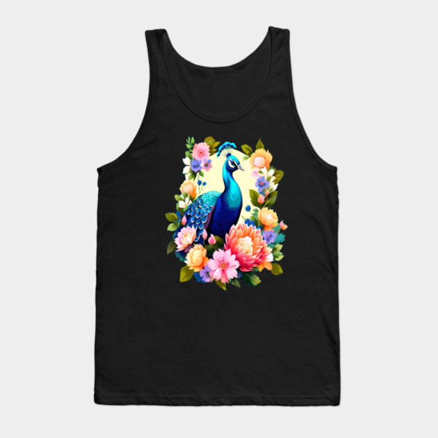 A Cute Peacock Surrounded by Bold Vibrant Spring Flowers Tank Top by BirdsnStuff