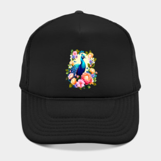 A Cute Peacock Surrounded by Bold Vibrant Spring Flowers Hat