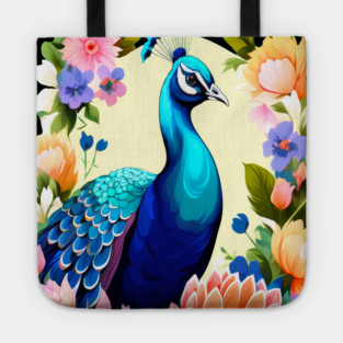 A Cute Peacock Surrounded by Bold Vibrant Spring Flowers Tote