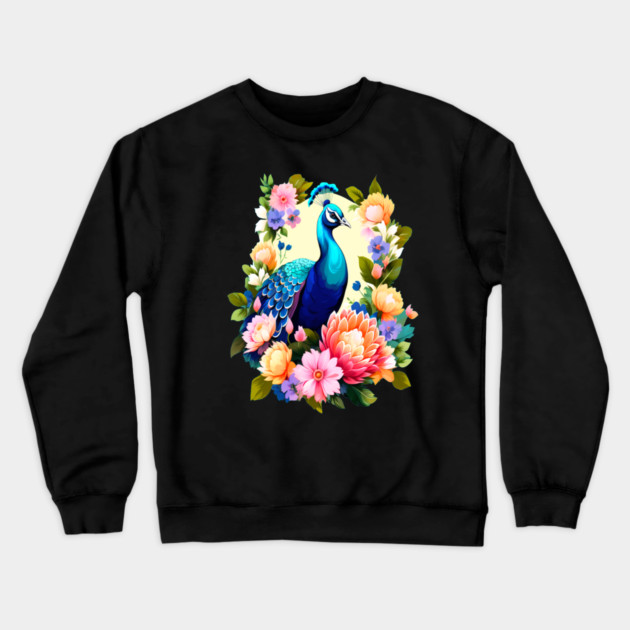 A Cute Peacock Surrounded by Bold Vibrant Spring Flowers Crewneck Sweatshirt by BirdsnStuff