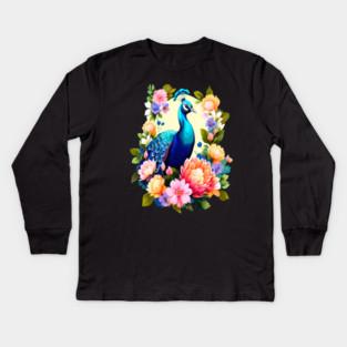 A Cute Peacock Surrounded by Bold Vibrant Spring Flowers Kids Long Sleeve T-Shirt