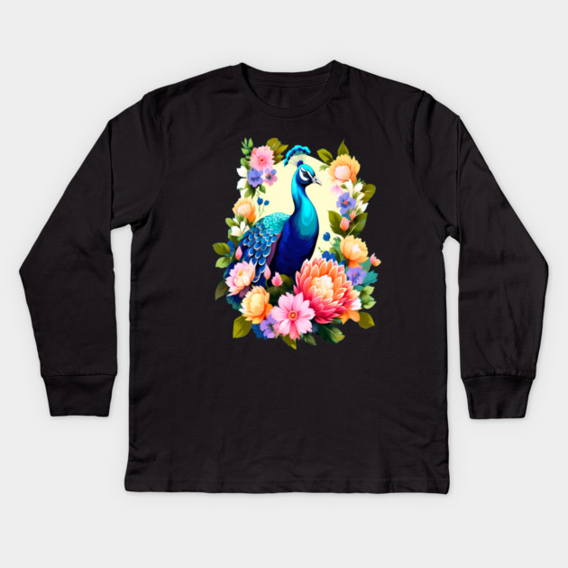 A Cute Peacock Surrounded by Bold Vibrant Spring Flowers Kids Long Sleeve T-Shirt by BirdsnStuff