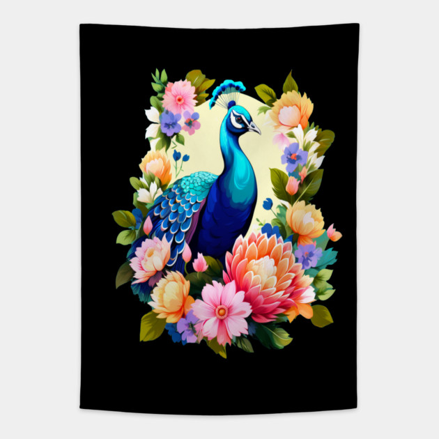 A Cute Peacock Surrounded by Bold Vibrant Spring Flowers Tapestry by BirdsnStuff
