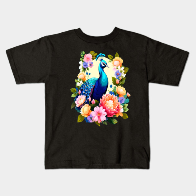 A Cute Peacock Surrounded by Bold Vibrant Spring Flowers Kids T-Shirt by BirdsnStuff