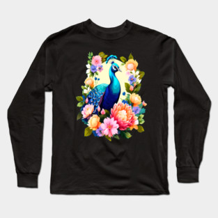 A Cute Peacock Surrounded by Bold Vibrant Spring Flowers Long Sleeve T-Shirt