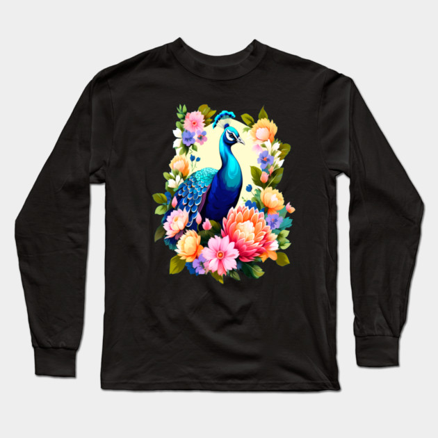 A Cute Peacock Surrounded by Bold Vibrant Spring Flowers Long Sleeve T-Shirt by BirdsnStuff
