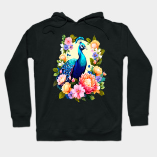 A Cute Peacock Surrounded by Bold Vibrant Spring Flowers Hoodie