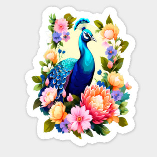 A Cute Peacock Surrounded by Bold Vibrant Spring Flowers Sticker