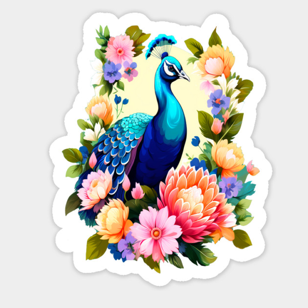 A Cute Peacock Surrounded by Bold Vibrant Spring Flowers Magnet by BirdsnStuff