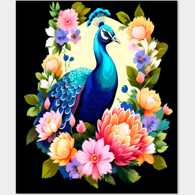 A Cute Peacock Surrounded by Bold Vibrant Spring Flowers Wall Art by BirdsnStuff