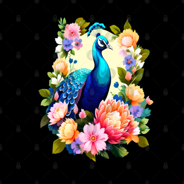A Cute Peacock Surrounded by Bold Vibrant Spring Flowers by BirdsnStuff
