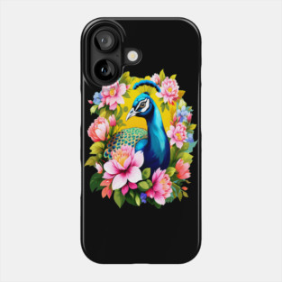 A Cute Peacock Surrounded by Bold Vibrant Spring Flowers Phone Case