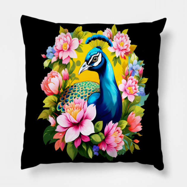 A Cute Peacock Surrounded by Bold Vibrant Spring Flowers Pillow by BirdsnStuff
