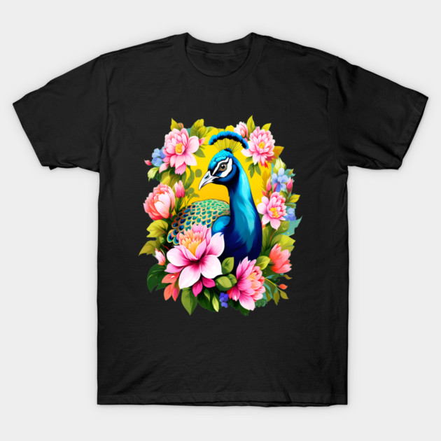 A Cute Peacock Surrounded by Bold Vibrant Spring Flowers T-Shirt by BirdsnStuff