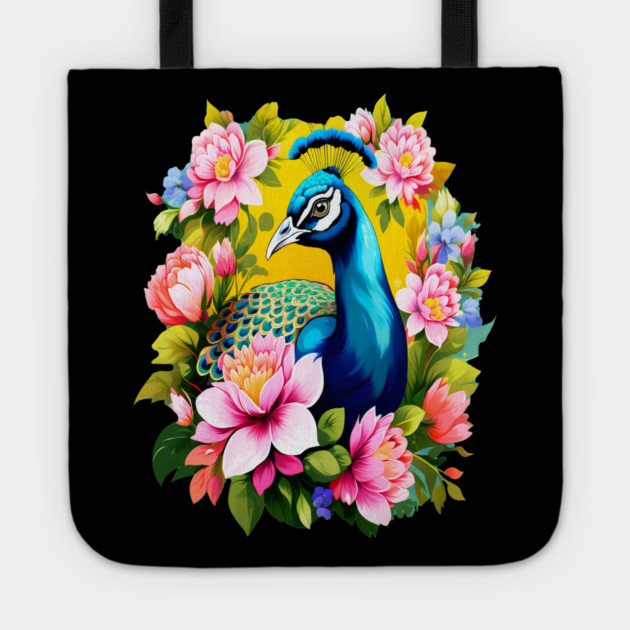 A Cute Peacock Surrounded by Bold Vibrant Spring Flowers Tote by BirdsnStuff