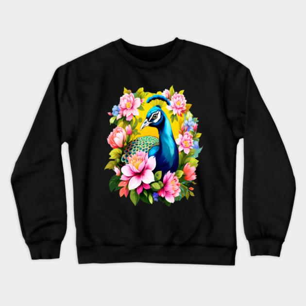 A Cute Peacock Surrounded by Bold Vibrant Spring Flowers Crewneck Sweatshirt by BirdsnStuff