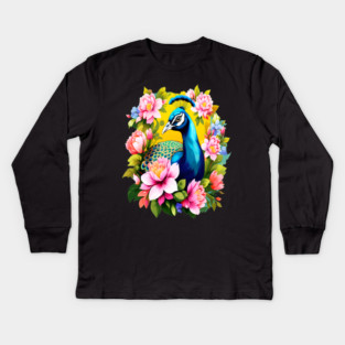 A Cute Peacock Surrounded by Bold Vibrant Spring Flowers Kids Long Sleeve T-Shirt