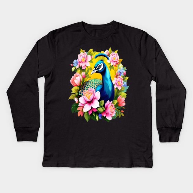 A Cute Peacock Surrounded by Bold Vibrant Spring Flowers Kids Long Sleeve T-Shirt by BirdsnStuff