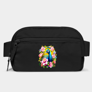 A Cute Peacock Surrounded by Bold Vibrant Spring Flowers Bag