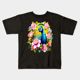 A Cute Peacock Surrounded by Bold Vibrant Spring Flowers Kids T-Shirt